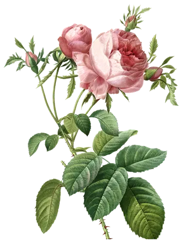 Pink rose (Rosa centifolia), botanical plate